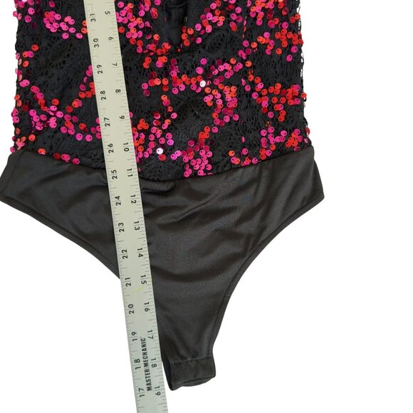 h:ours Revolve Felly Sequin Bodysuit Womens Size XXS Fuschia Black Plunging - Picture 10 of 11